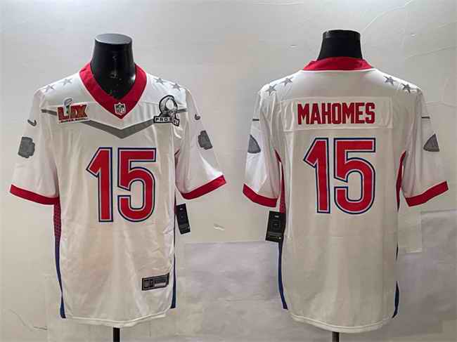 Men's Kansas City Chiefs #15 Patrick Mahomes White 2025 Super Bowl LIX Patch Pro Bowl Vapor Limited Stitched Football Jersey